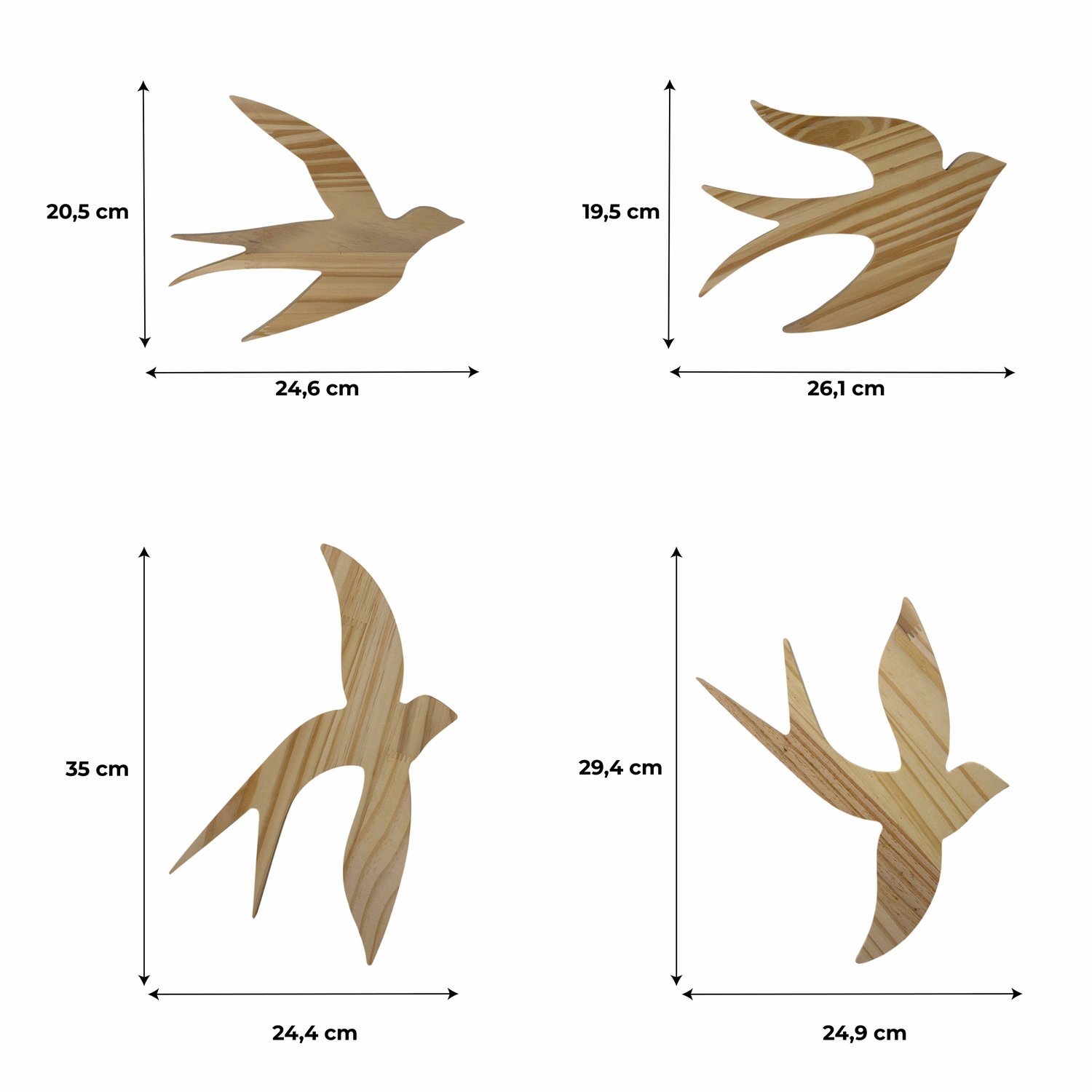 Conjunto 4 Pássaros Decorativos Escultura de Parede Estilo Minimalista em Madeira Pinus