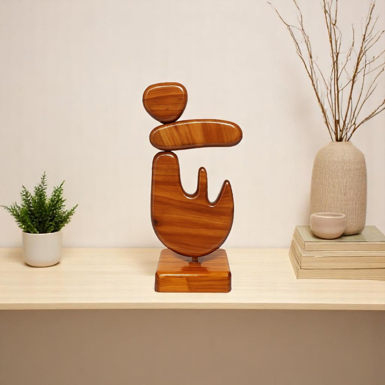 Escultura Decorativa De Estante Forma Orgânica Abstrata Em Madeira Com Suporte