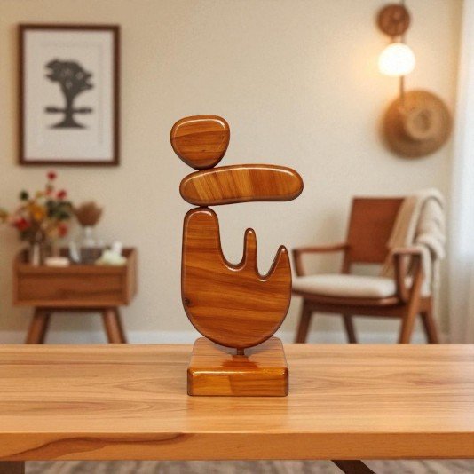 Escultura Decorativa De Estante Forma Orgânica Abstrata Em Madeira Com Suporte