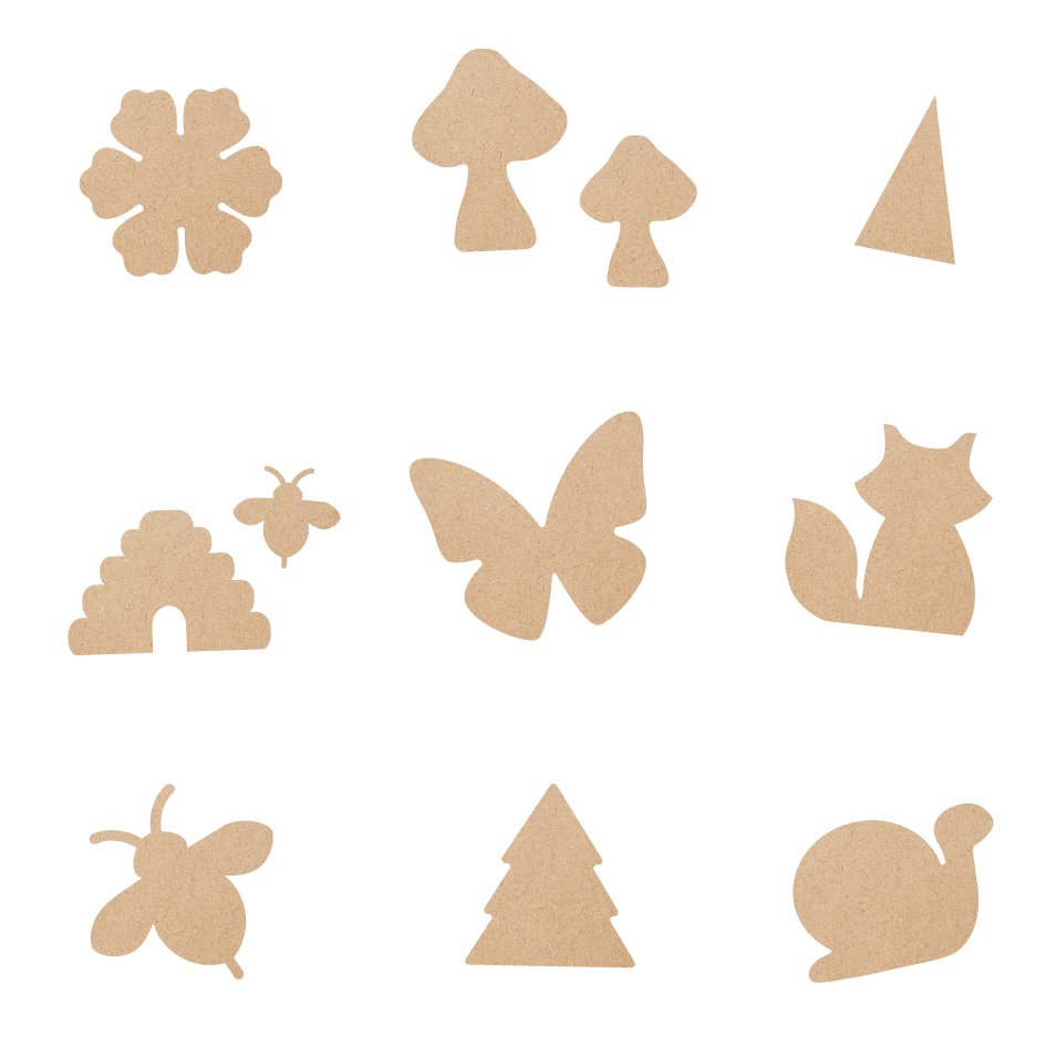 Kit 11 Apliques Formas Estilo Floresta Em MDF - Borboleta, Raposa, Árvore, Abelha, Colmeia, Cogumelo, Flor, Animais, Decoração Natural, DIY