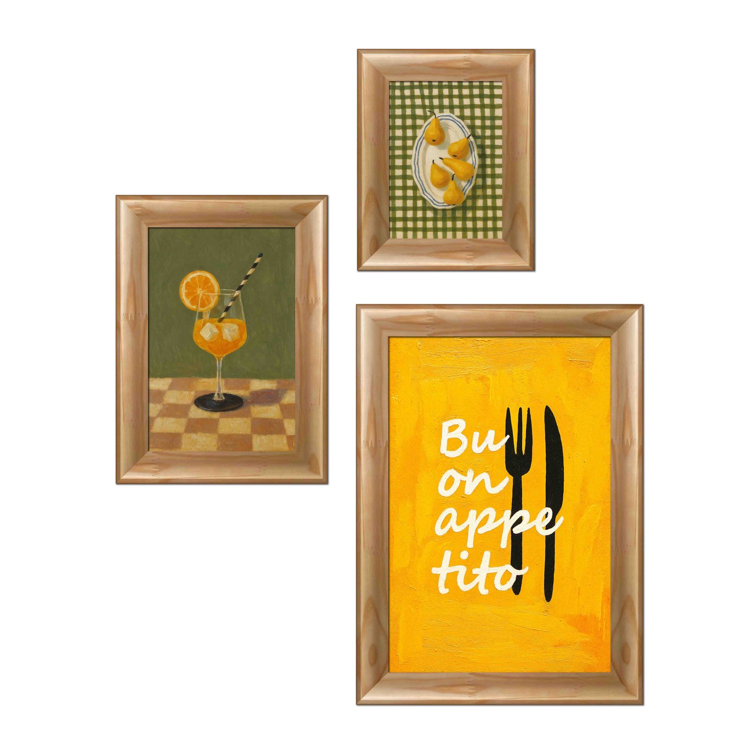 Kit 3 Quadros Decorativos Composição "Buon Appetito" com Drinks e Limões Decoração Vintage para Cozinha e Copa