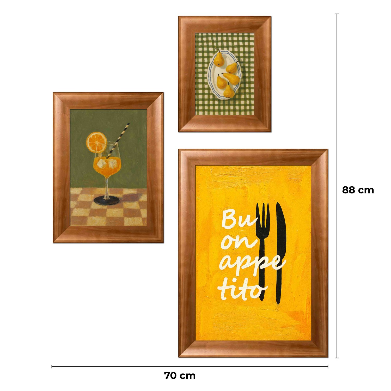 Kit 3 Quadros Decorativos Composição "Buon Appetito" com Drinks e Limões Decoração Vintage para Cozinha e Copa