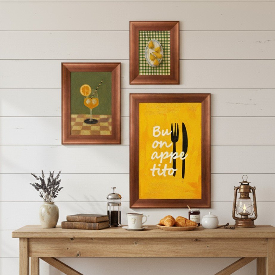 Kit 3 Quadros Decorativos Composição "Buon Appetito" com Drinks e Limões Decoração Vintage para Cozinha e Copa