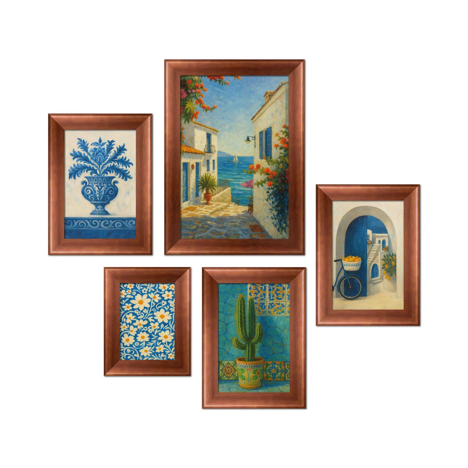 Kit 5 Quadros Decorativos Mid-Century Vintage Arte Mediterrânea para Cozinha, Sala de Jantar ou Café