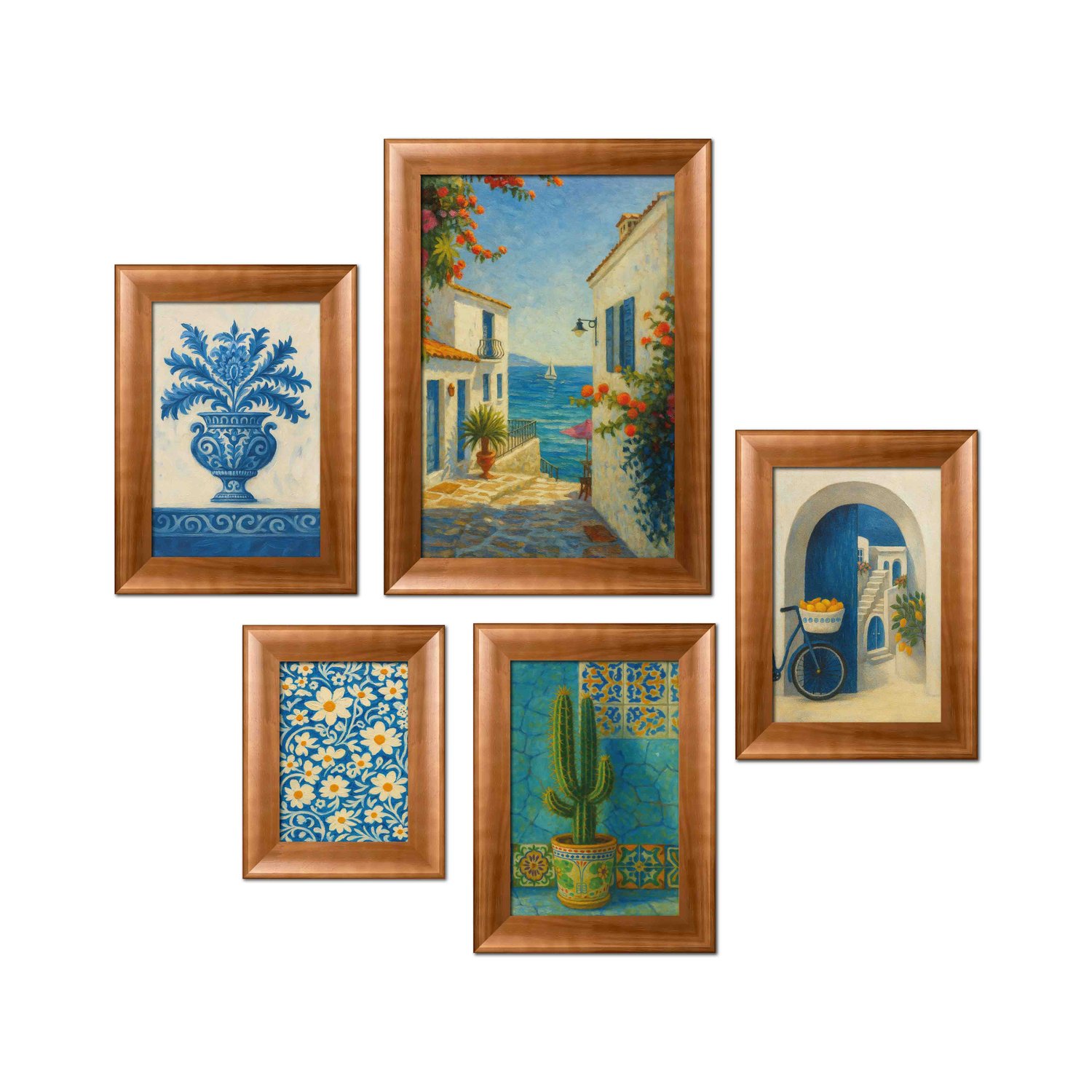 Kit 5 Quadros Decorativos Mid-Century Vintage Arte Mediterrânea para Cozinha, Sala de Jantar ou Café