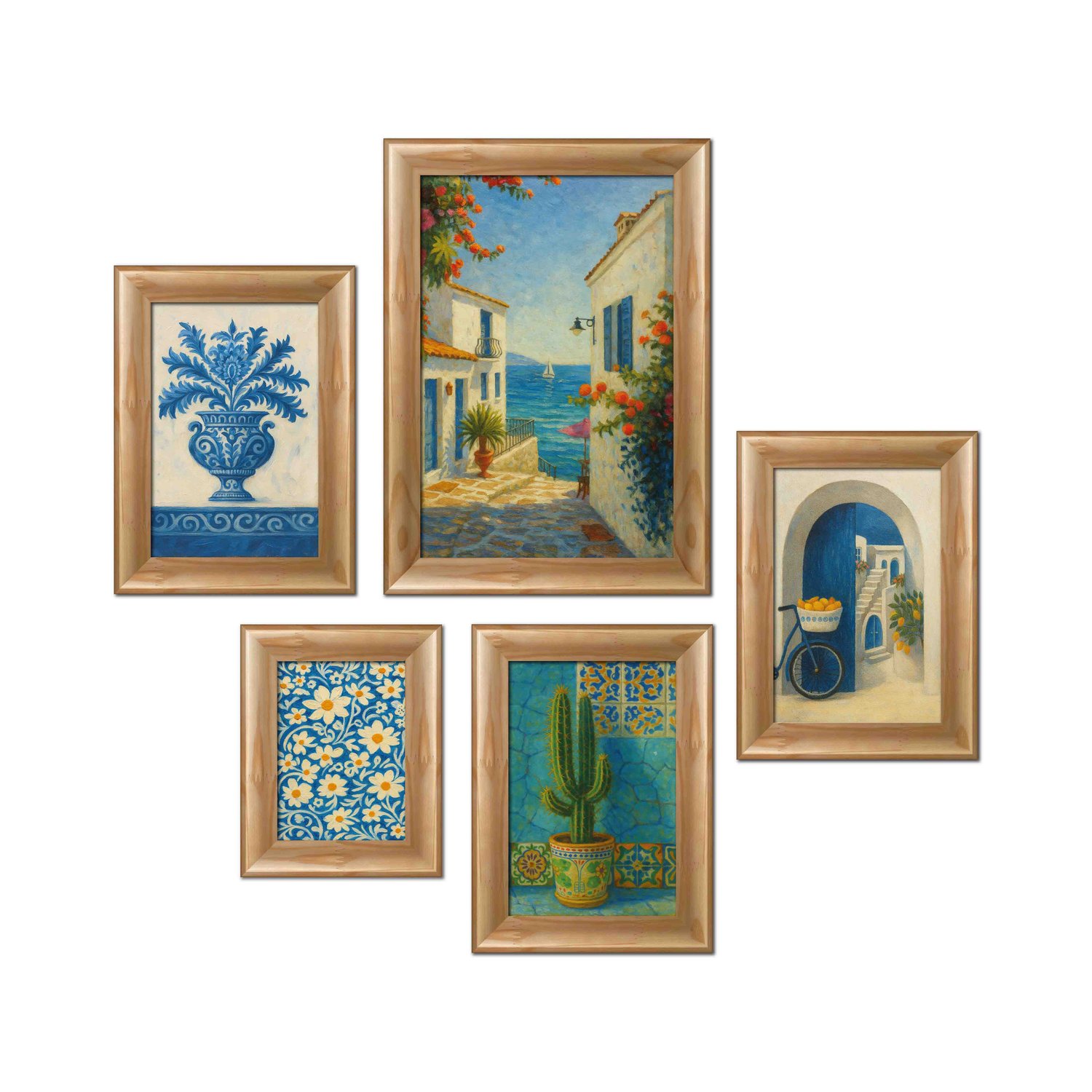 Kit 5 Quadros Decorativos Mid-Century Vintage Arte Mediterrânea para Cozinha, Sala de Jantar ou Café