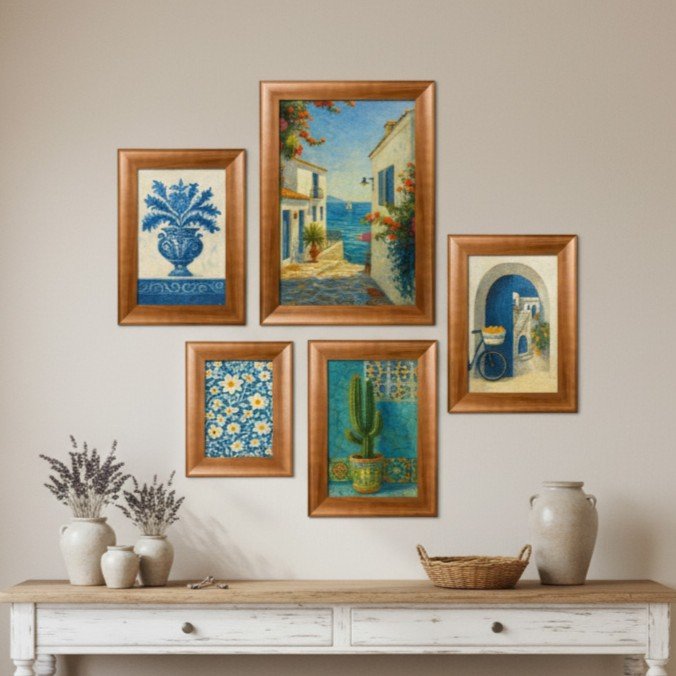 Kit 5 Quadros Decorativos Mid-Century Vintage Arte Mediterrânea para Cozinha, Sala de Jantar ou Café