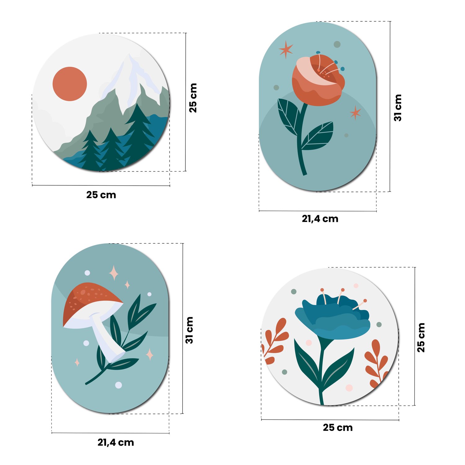 Kit de 4 Placas Decorativas Estilo Floresta Natureza Cottagecore Parede de Quarto, Sala, Hall de Entrada
