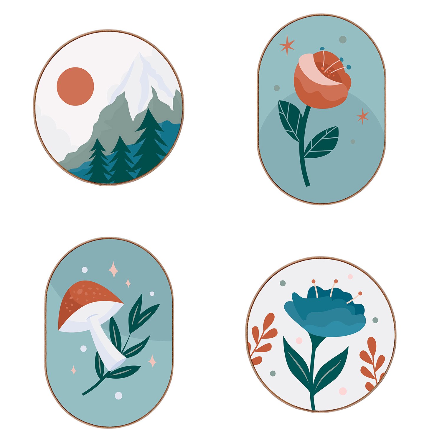 Kit de 4 Quadros Decorativos Estilo Floresta Natureza Cottagecore Parede de Quarto, Sala, Hall de Entrada