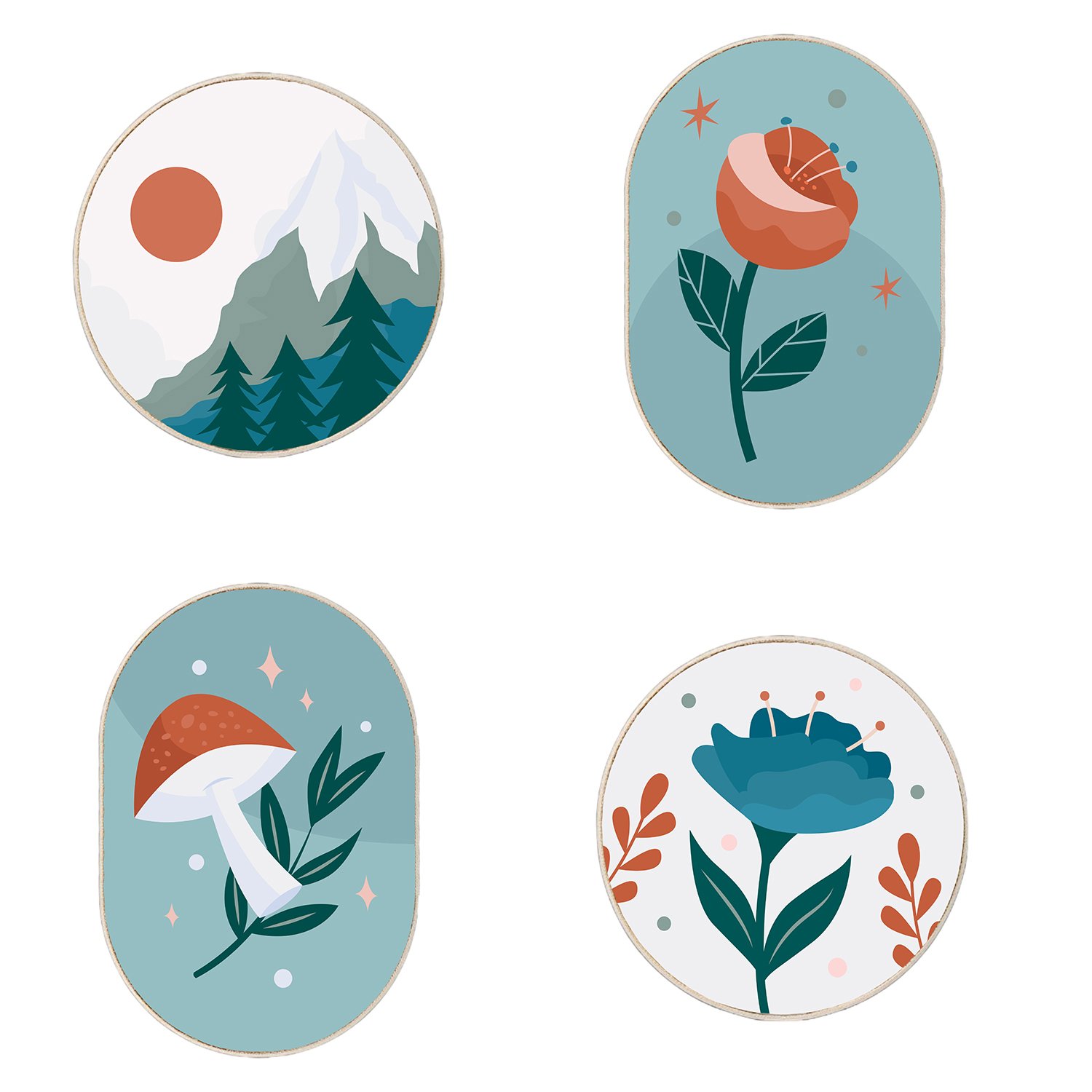 Kit de 4 Quadros Decorativos Estilo Floresta Natureza Cottagecore Parede de Quarto, Sala, Hall de Entrada