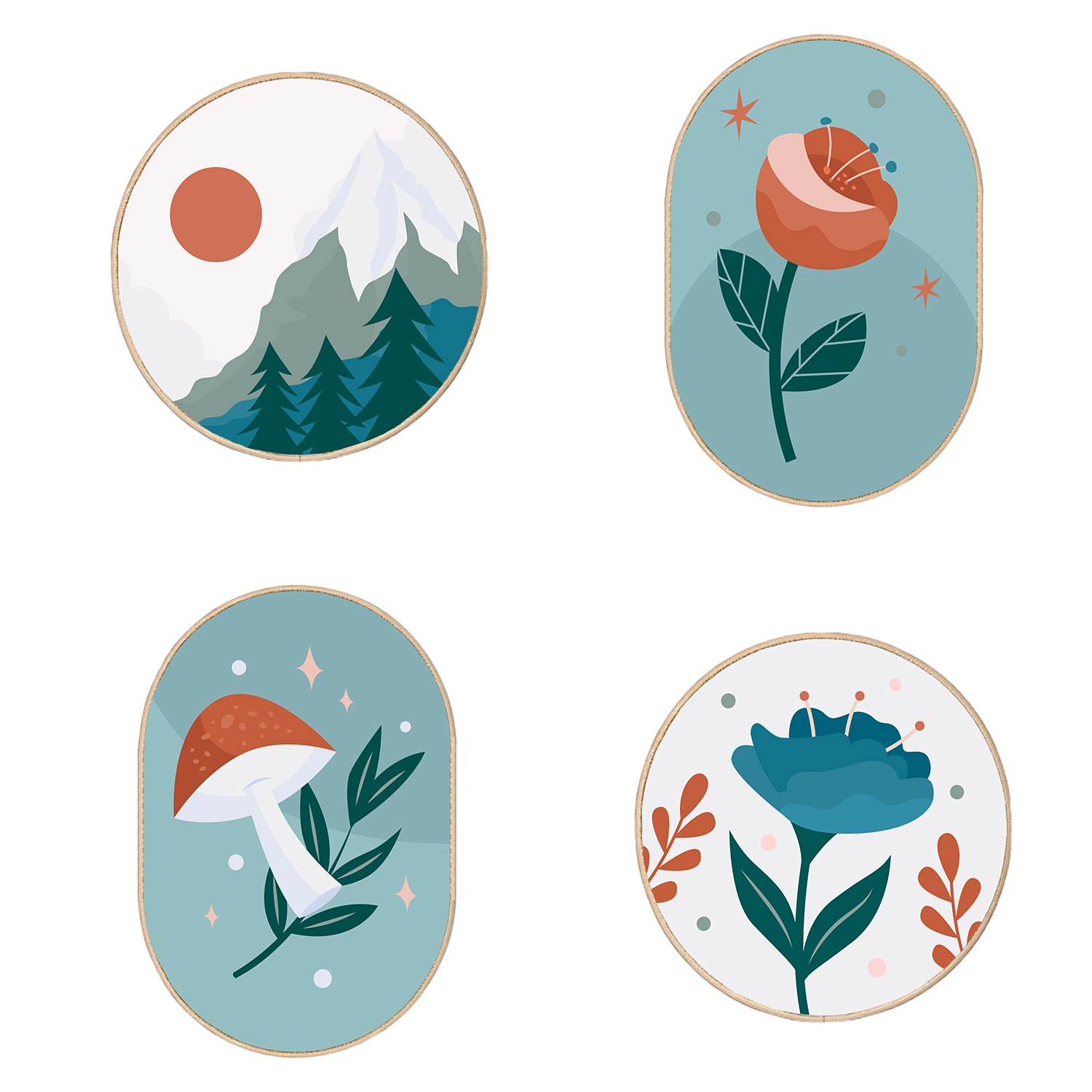 Kit de 4 Quadros Decorativos Estilo Floresta Natureza Cottagecore Parede de Quarto, Sala, Hall de Entrada