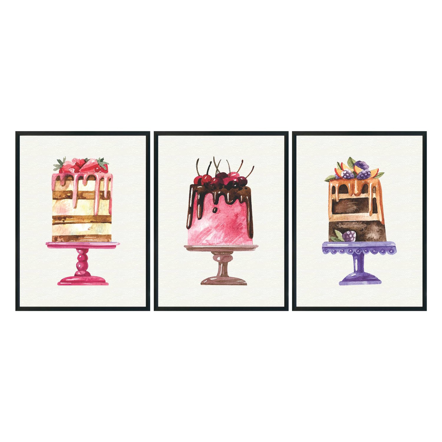 Kit Trio de Quadros Bolos Coloridos e Gostosos Watercolor