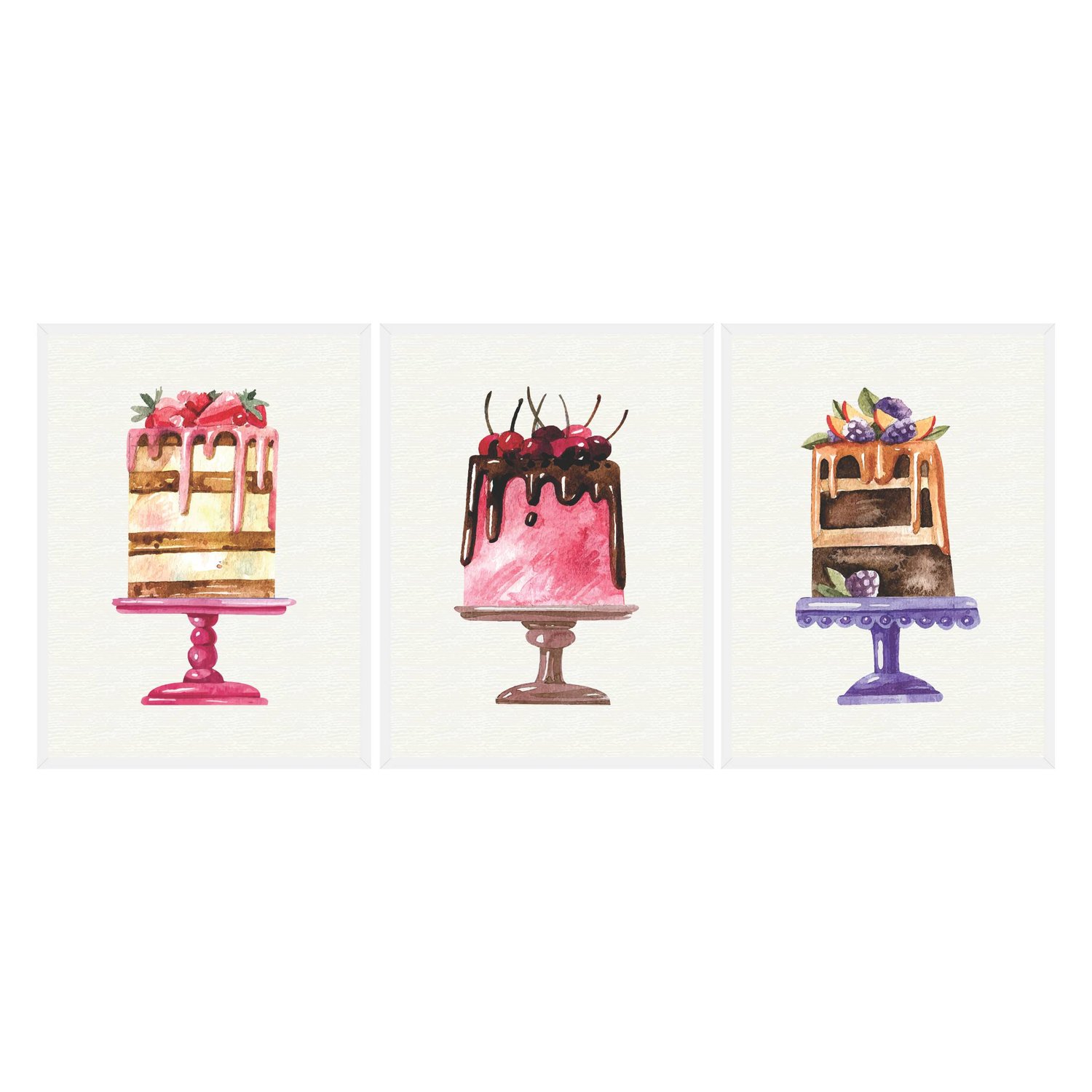 Kit Trio de Quadros Bolos Coloridos e Gostosos Watercolor