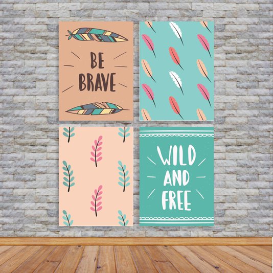 Kit 4 Placas Frase: "Be Brave", "Wild And Free", Boho