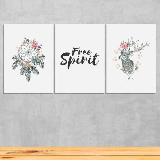 Kit 3 Placas Frase: "Free Spirit" Boho Style