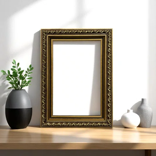 Armação De Moldura Com Gravação Floral Em Relevo Com Filete Perolado e Acabamento Dourado Metalizado - 2,1x1,8