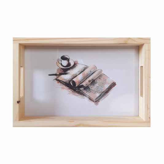 Bandeja de Café da Manhã Decorativa com Alça Reta e Estampa de Livro e Xícara em Aquarela