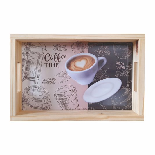 Bandeja de Café da Manhã Decorativa com Alça Reta e Frase Coffee Time