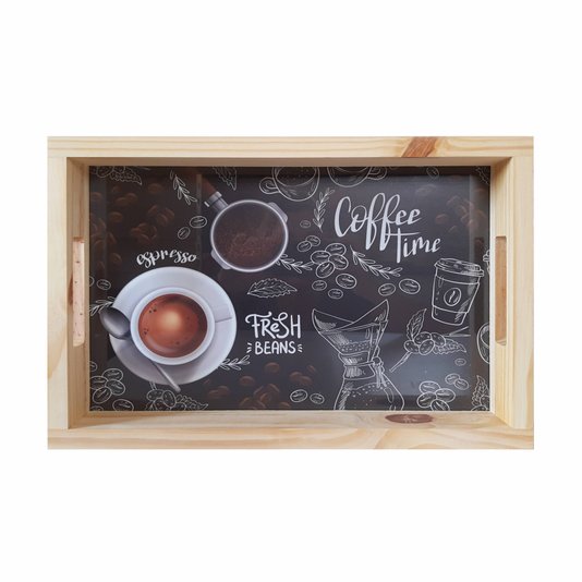 Bandeja de Café da Manhã Decorativa com Alça Reta e Frase Fresh Beans Fundo Escuro