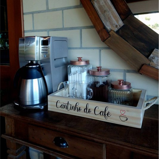 Bandeja Decorativa com Alça Sisal e Frase - Cantinho do Café
