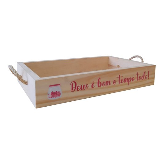 Bandeja Decorativa com Alça Sisal e Frase - Deus é Bom o Tempo Todo!