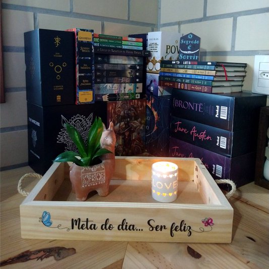 Bandeja Decorativa com Alça Sisal e Frase - Meta do dia... Ser Feliz