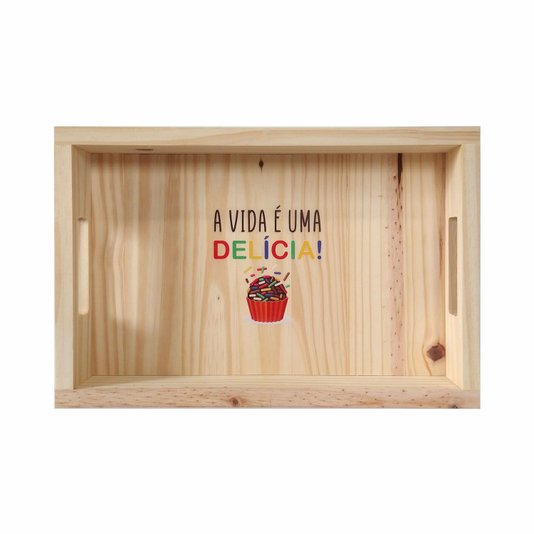 Bandeja Decorativa de Café da Manhã com Alça Reta e Frase A Vida é Uma Delícia!