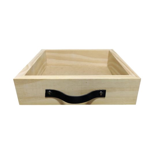 Bandeja Decorativa Organizadora Madeira Pinus Alça Couro Sintético - 28x28x7cm - Farmhouse