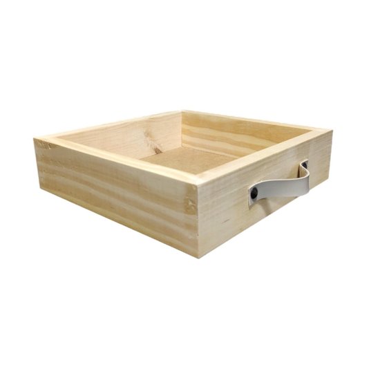 Bandeja Decorativa Organizadora Madeira Pinus Alça Couro Sintético - 28x28x7cm - Farmhouse