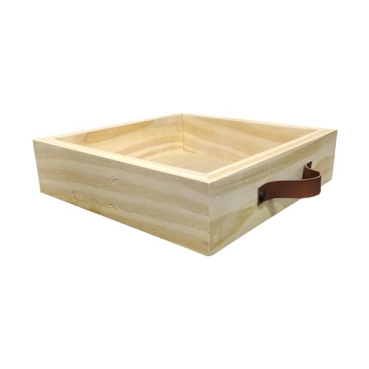 Bandeja Decorativa Organizadora Madeira Pinus Alça Couro Sintético - 28x28x7cm - Farmhouse