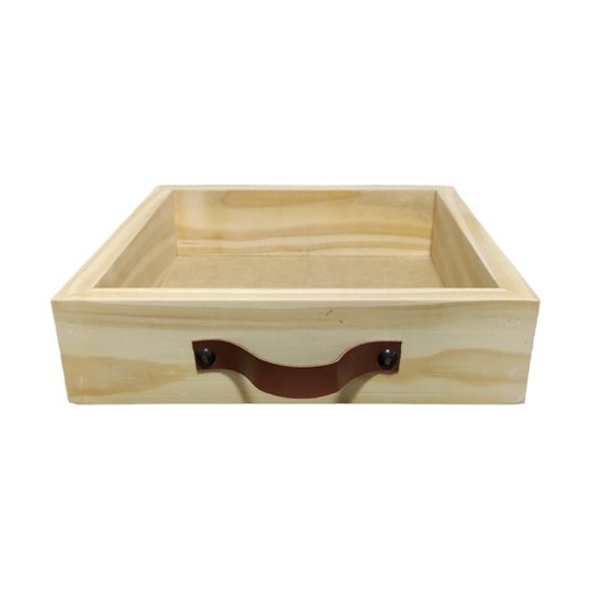 Bandeja Decorativa Organizadora Madeira Pinus Alça Couro Sintético - 28x28x7cm - Farmhouse