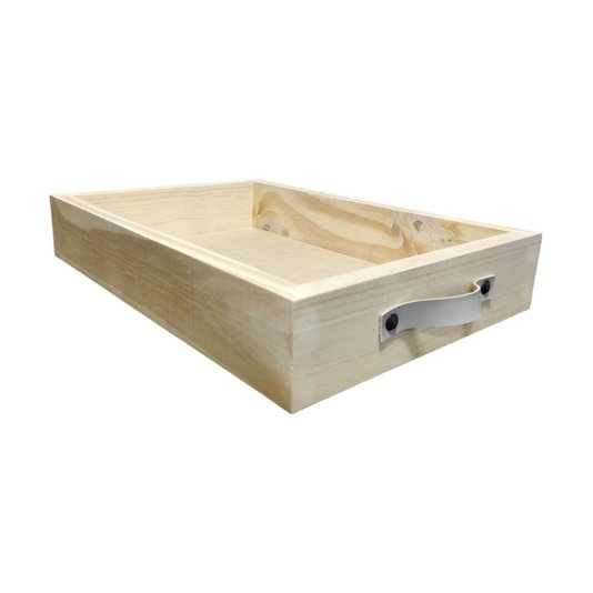 Bandeja Decorativa Retangular Madeira Pinus Alça Couro Sintético - 28x42x7cm - Farmhouse
