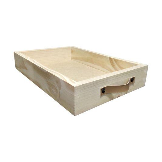 Bandeja Decorativa Retangular Madeira Pinus Alça Couro Sintético - 28x42x7cm - Farmhouse