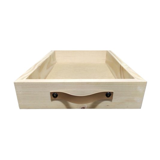Bandeja Decorativa Retangular Madeira Pinus Alça Couro Sintético - 28x42x7cm - Farmhouse