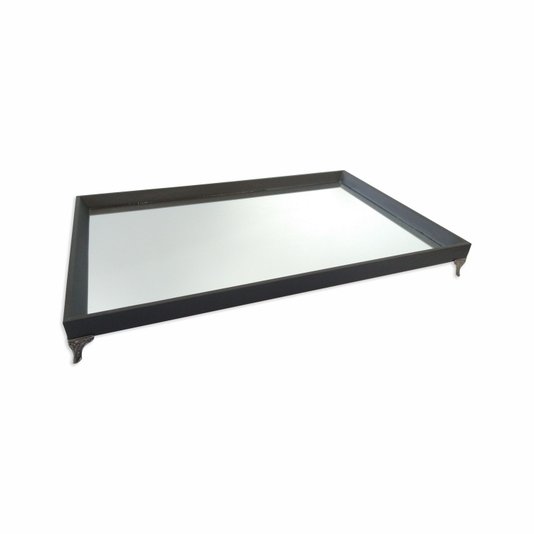 Bandeja Decorativa Espelhada Revestida Preta com Pezinho em Metal Prata Velho