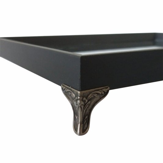 Bandeja Decorativa Espelhada Revestida Preta com Pezinho em Metal Prata Velho