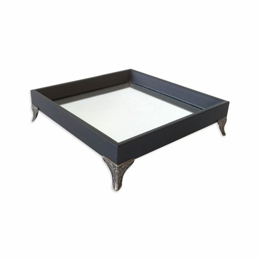 Bandeja Decorativa Espelhada Revestida Preta com Pezinho em Metal Prata Velho