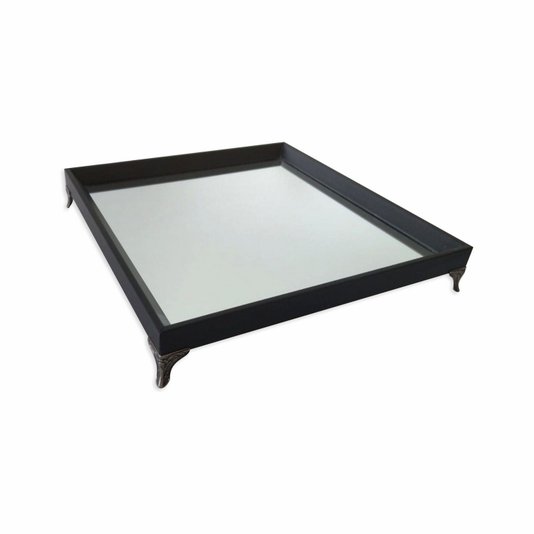 Bandeja Decorativa Espelhada Revestida Preta com Pezinho em Metal Prata Velho