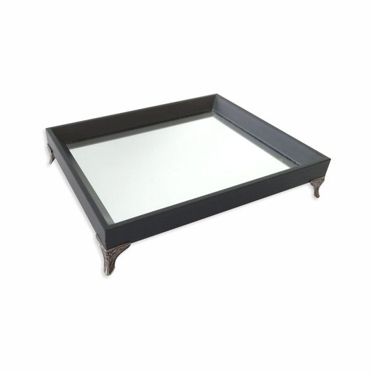 Bandeja Decorativa Espelhada Revestida Preta com Pezinho em Metal Prata Velho
