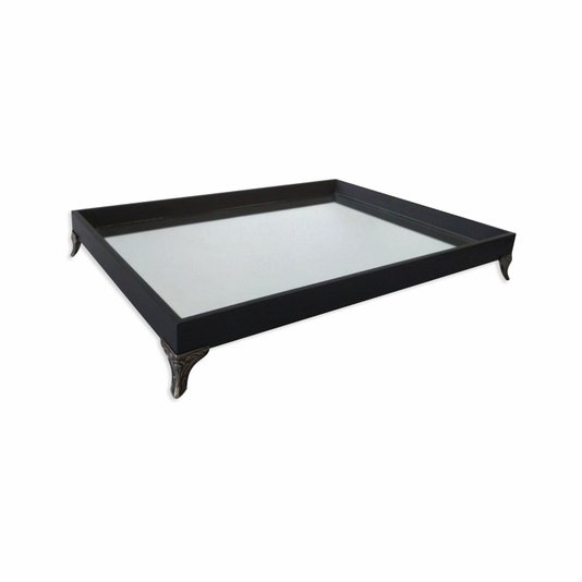 Bandeja Decorativa Espelhada Revestida Preta com Pezinho em Metal Prata Velho