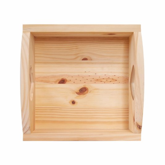 Bandeja Decorativa Personalizada em Madeira de Pinus com Alça de Coração e Gravação a Laser ou Impressão UV - 28x28x9cm