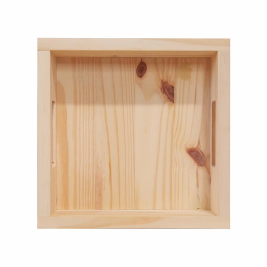 Bandeja Decorativa Personalizada em Madeira de Pinus com Alça Reta e Gravação a Laser ou Impressão UV - 28x28x7cm