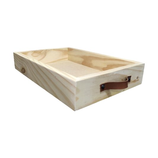 Bandeja Decorativa Personalizada com Gravação a Laser ou Impressão UV em Madeira de Pinus e Alça Couro Sintético - 28x42x7cm