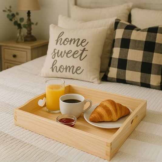 Bandeja Decorativa Quadrada Café da Manhã em Madeira Pinus com Alça de Coração - Farmhouse