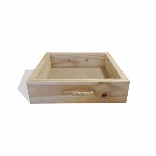 Bandeja Decorativa Organizadora Quadrada Madeira Pinus Alça Sisal - 28x28x7cm - Farmhouse