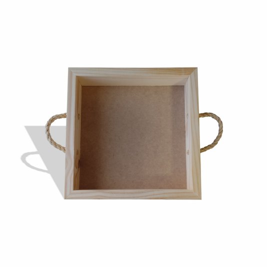 Bandeja Decorativa Organizadora Quadrada Madeira Pinus Alça Sisal - 28x28x7cm - Farmhouse