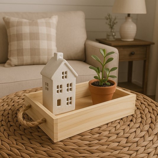 Bandeja Decorativa Retangular em Madeira de Pinus e Alça Sisal - 23x17,5x7cm - Farmhouse