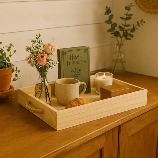 Bandeja Decorativa Retangular em Madeira de Pinus e Alça Sisal - 42x28x7cm - Farmhouse