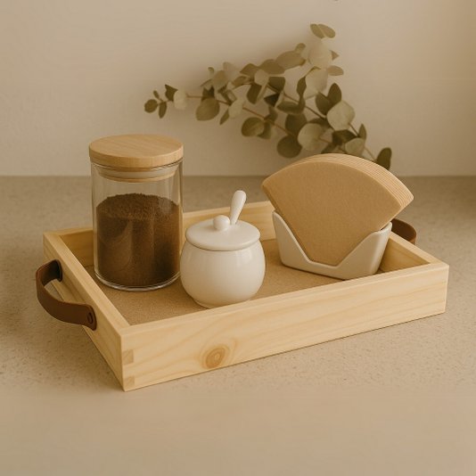 Bandeja Decorativa Retangular Madeira Pinus Alça Couro Sintético - 28x42x7cm - Farmhouse