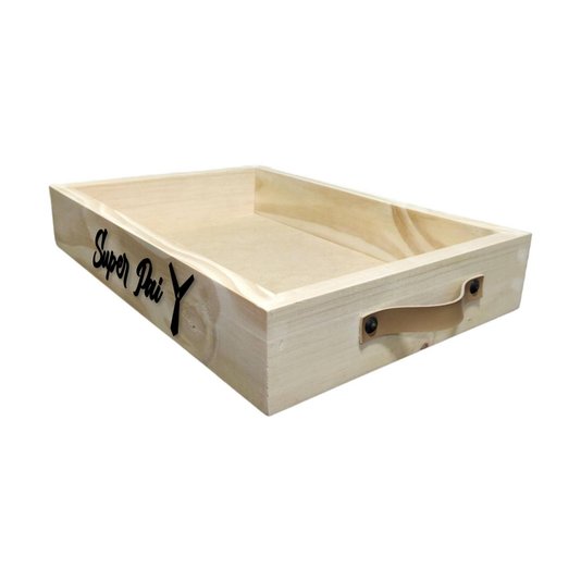Bandeja Decorativa Super Pai em Madeira de Pinus e Alça Couro Sintético - 28x42x7cm